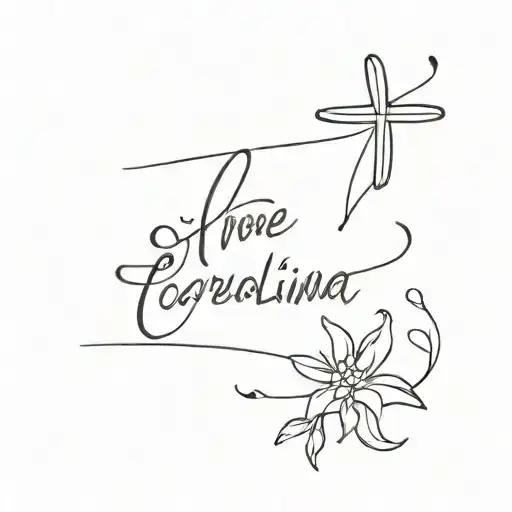  minimalist line simple drawing handwritten name "Carolina" and small cross tattoo design idea