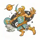 An astral travel tattoo depicting a celestial being guiding the client through different worlds, containing tattoo design idea