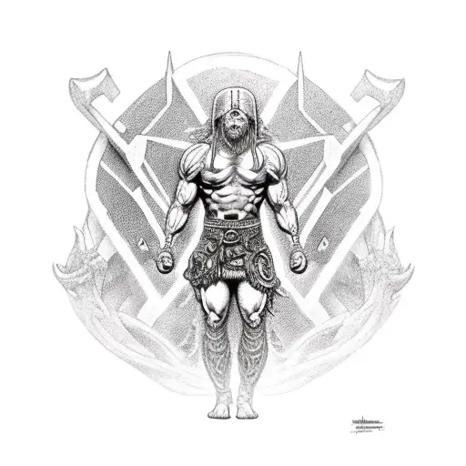 a shredded warrior challenging a mythical beast tattoo design idea
