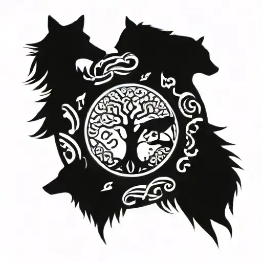 Tree of Life surrounded by wolf, bear, shark and fox bordered by serpent biting tail tattoo design idea