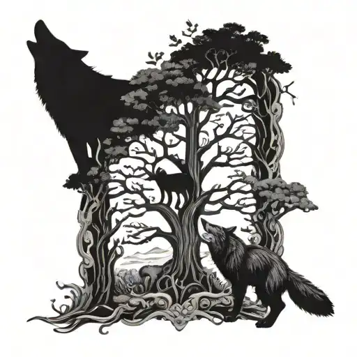 Tree Of Life surrounded by wolf, shark, bear and fox chasing each other around tree with serpent biting its tail border tattoo design idea