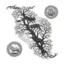 Tree of life surrounded by wolf, shark, bear and fox chasing each other around tree with serpent biting its tail border tattoo design idea