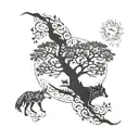 Tree of life surrounded by wolf, shark, bear and fox chasing each other around tree with serpent biting its tail border tattoo design idea