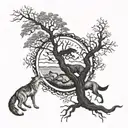 Tree of life surrounded by wolf, shark, bear and fox chasing each other around tree with serpent biting its tail border tattoo design idea