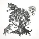 Tree of life surrounded by wolf, shark, bear and fox chasing each other around tree with serpent biting its tail border tattoo design idea