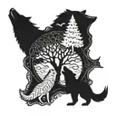 Tree Of Life surrounded by wolf, shark, bear and fox chasing each other around tree with serpent biting its tail border tattoo design idea