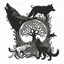 Tree Of Life surrounded by wolf, shark, bear and fox chasing each other around tree with serpent biting its tail border tattoo design idea