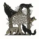 Tree Of Life surrounded by wolf, shark, bear and fox chasing each other around tree with serpent biting its tail border tattoo design idea