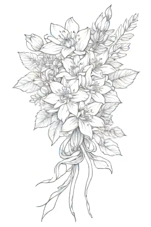 larkspur and water lily boquet held together wrapped in a bow tattoo design idea