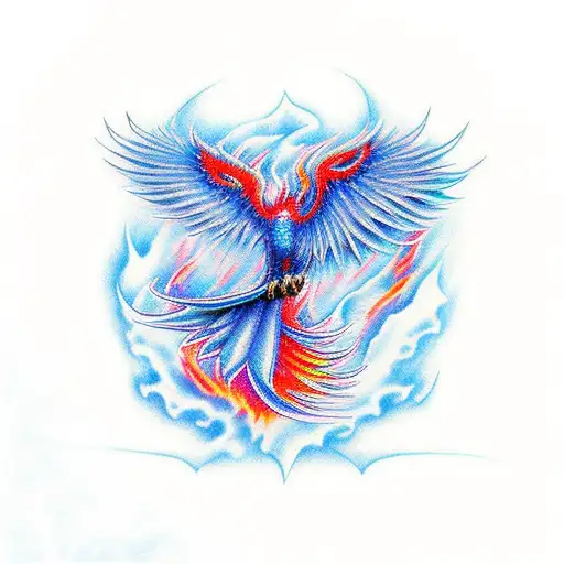cold Blue fire Pheonix bird above a volcano, trailing red flames behind, wings spread, trailing red flames tattoo design idea