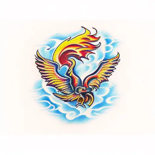Phoenix, fire, color, red, yellow, orange, flames tattoo design idea
