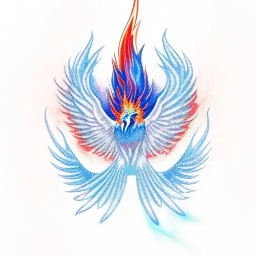 cold Blue fire Pheonix bird above a volcano, trailing red flames behind, wings spread, trailing red flames tattoo design idea