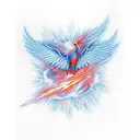 cold Blue fire Pheonix bird above a volcano, trailing red flames behind, wings spread, trailing red flames tattoo design idea