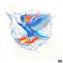 cold Blue fire Pheonix bird above a volcano, trailing red flames behind, wings spread, trailing red flames tattoo design idea