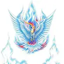 cold Blue fire Pheonix bird above a volcano, trailing red flames behind, wings spread, trailing red flames tattoo design idea