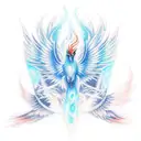 cold Blue fire Pheonix bird above a volcano, trailing red flames behind, wings spread, trailing red flames tattoo design idea