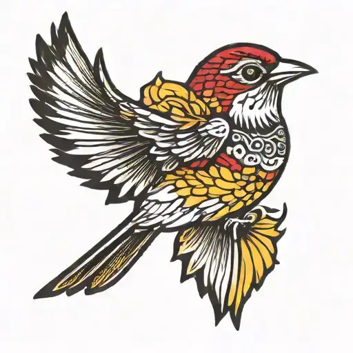 traditional sparrow flying to the left. red yellow and black colors. just the bird  tattoo design idea