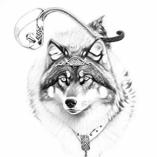 odin holding holding leash of three black wolfs tattoo design idea