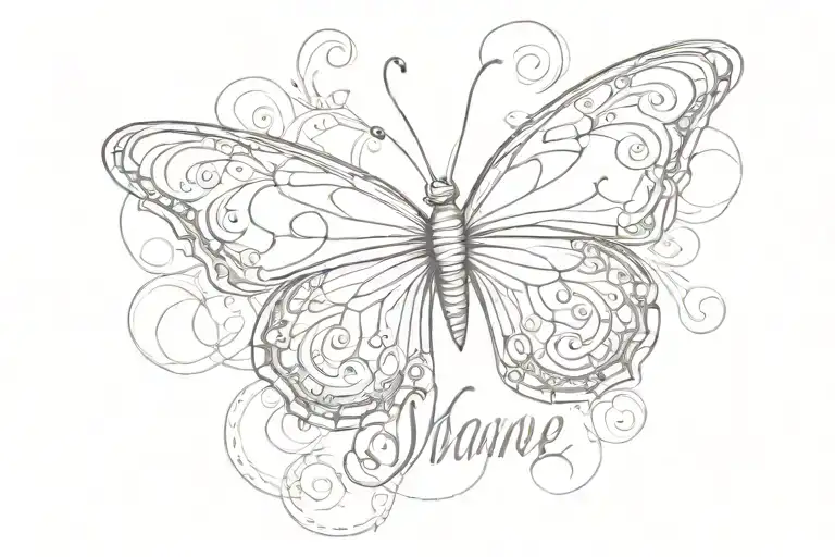 The name Shané in cursive with a butterfly and a heart  tattoo design idea