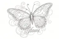 The name Shané in cursive with a butterfly and a heart  tattoo design idea