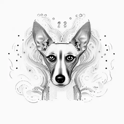 A dotwork tattoo of a whippet dog silhouette running against a backdrop of swirling wind patterns, capturing the grace and agility of the client's beloved pet tattoo design idea