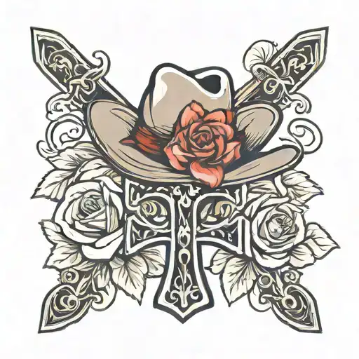 cross, cowboy hat, flower   tattoo design idea