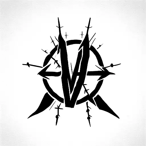 the word victory with the v as 2 nails, the t as a cross, and the o as a crown of thorns tattoo design idea