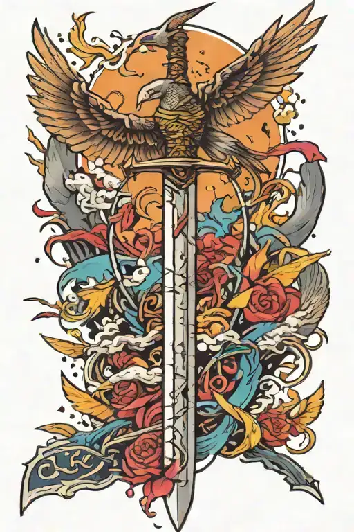 sword in pieces , japanese fight text and  flying birds  tattoo design idea