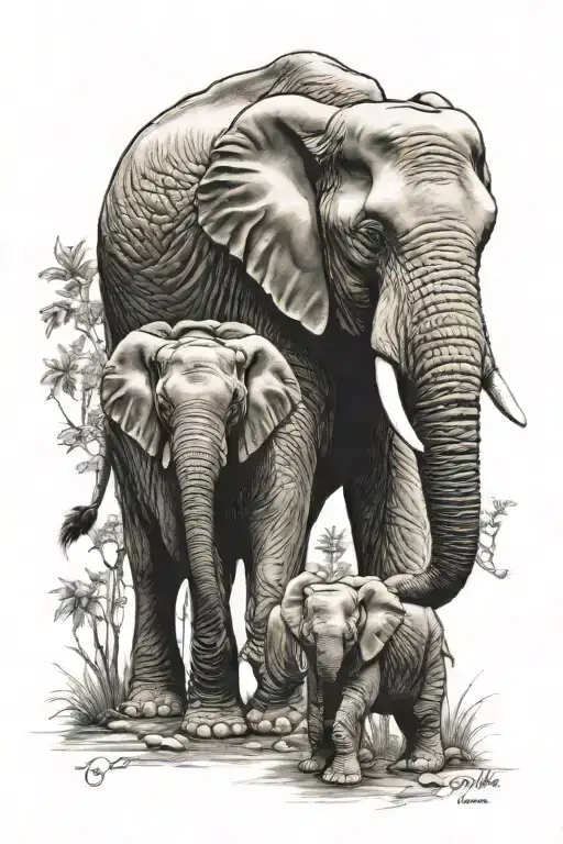 mom and baby elephant tattoo design idea
