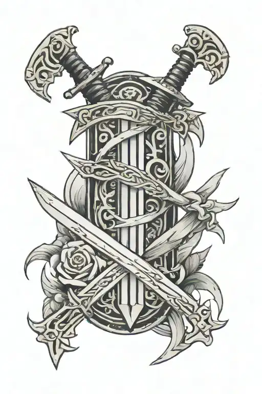 2 swords placed in an x on the right blade says no risk no story and on the other you have only one life  tattoo design idea