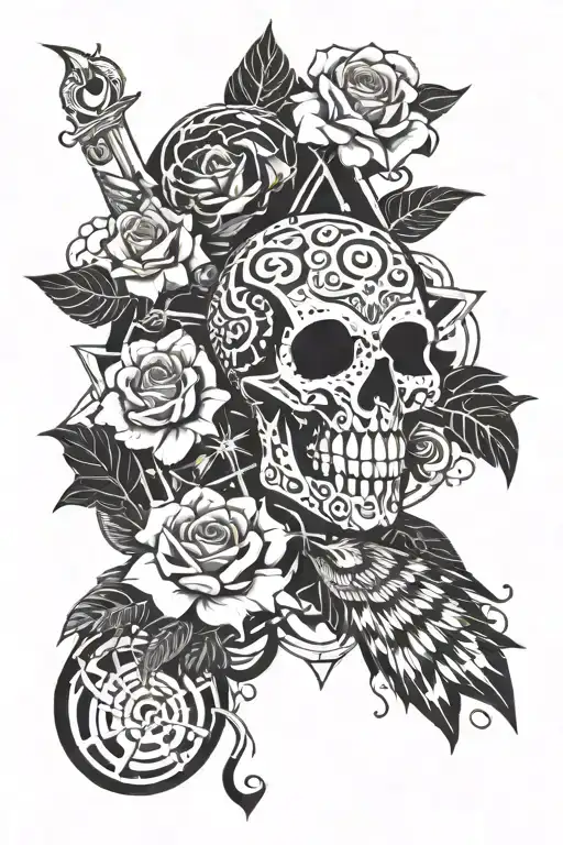 Jolly Roger, phoenix wings, white rose, Australian southern cross stars, California state tattoo design idea
