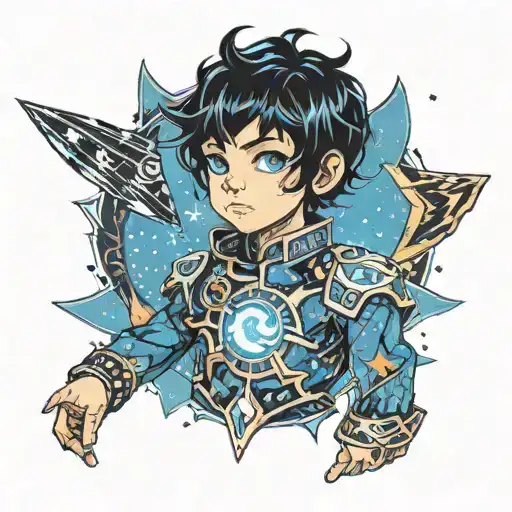 boy with black hair and blue eyes and glittery galaxy suit tattoo design idea