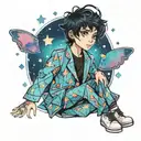 boy with black hair and blue eyes and glittery galaxy suit tattoo design idea