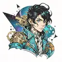 boy with black hair and blue eyes and glittery galaxy suit tattoo design idea