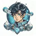 boy with black hair and blue eyes and glittery galaxy suit tattoo design idea