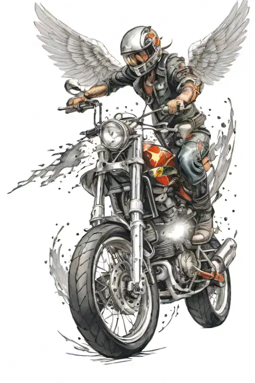 motorcycle în wheelie with sparks flying and an angel which only its wings can be seeb tattoo design idea