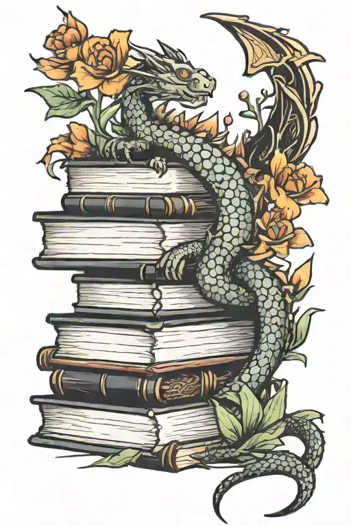 stack of books with flowers and a dragon tail  tattoo design idea