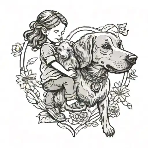 A new-school design of a mother and daughter holding hands with their pet dog, symbolizing love and unity tattoo design idea