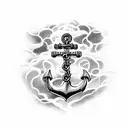 anchor on shoulder with chain connected to ship on chest. sailor clinging to burning board in storm tattoo design idea