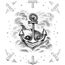 anchor on shoulder with chain connected to ship on chest. sailor clinging to burning board in storm tattoo design idea