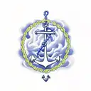 anchor on shoulder with chain connected to ship on chest. sailor clinging to burning board in storm tattoo design idea