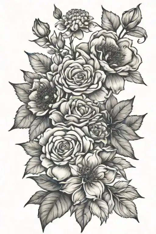 January, March & May birth flower bouquet tattoo design idea