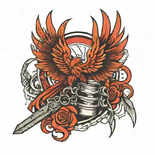 red Pheonix wings down with gun, knife,   rusty nail and broken noose tattoo design idea