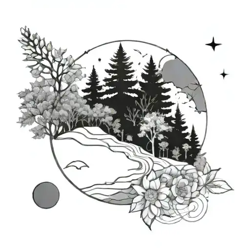 nature scene ... trees... flowers ... moon .. geometric design.. with text work in progress  tattoo design idea