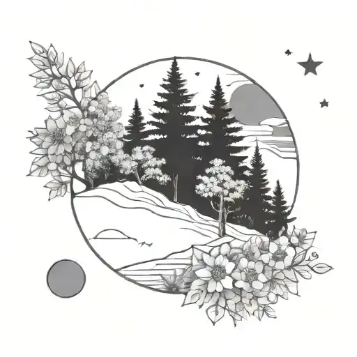 nature scene ... trees... flowers ... moon .. geometric design.. with text work in progress  tattoo design idea