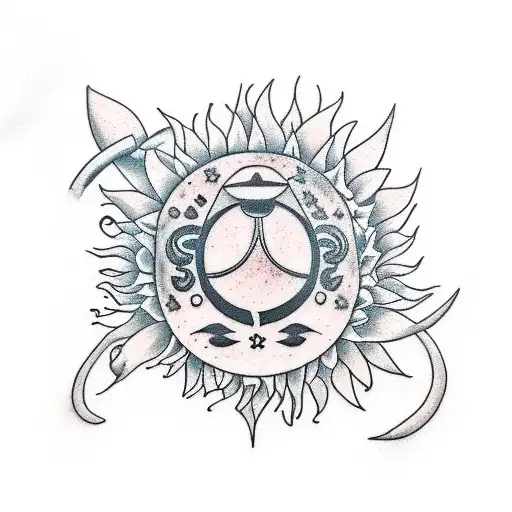 draw a design about my life, i'm a sagittarius, love life, fear death, cooking passionate i love sunflowers tattoo design idea
