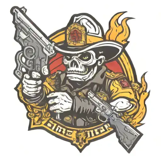 fire fighter logo with bandit holding revolvers tattoo design idea