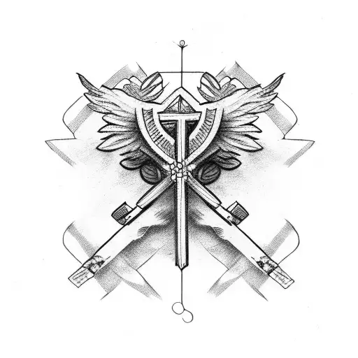 Cross with 2 birds, latin quote and RIP tattoo design idea