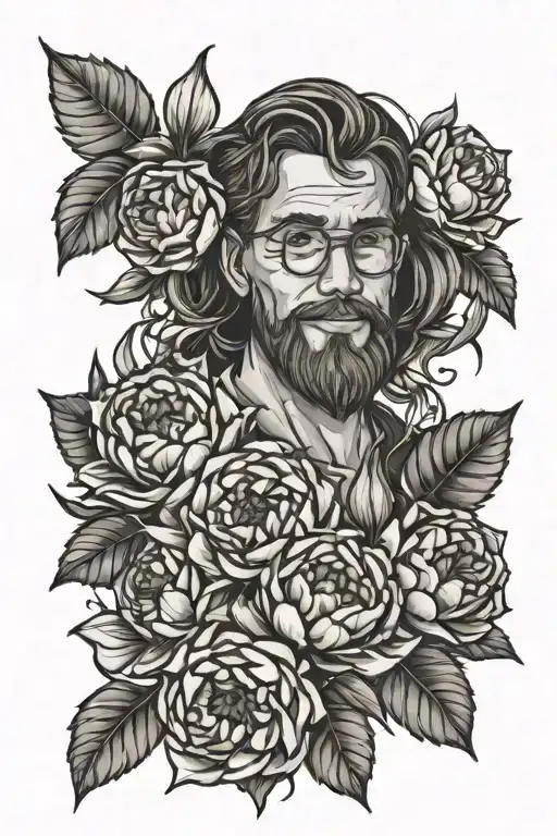 A sketch style tattoo design on the bicep, combining elements of teaching and nature, featuring a whimsical illustration of a teacher surrounded by peonies, honeysuckle, narcissus, aster & jonquin flowers tattoo design idea