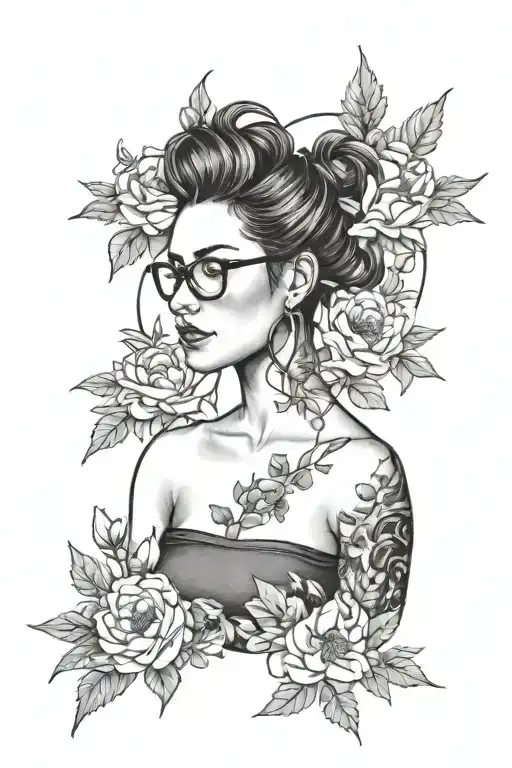 A sketch style tattoo design on the bicep, combining elements of teaching and nature, featuring a whimsical illustration of a teacher surrounded by peonies, honeysuckle, narcissus, aster & jonquin flowers tattoo design idea